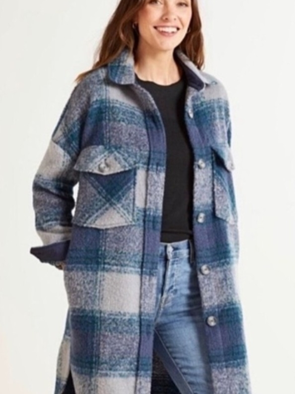 Evereve Blue and Gray Plaid Long Coat Shacket XS